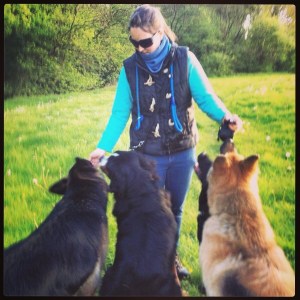 Tegan with four large dogs